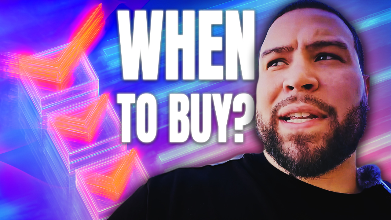 After: redesigned YouTube thumbnail with gradient background, upward angle, and WHEN TO BUY text hook